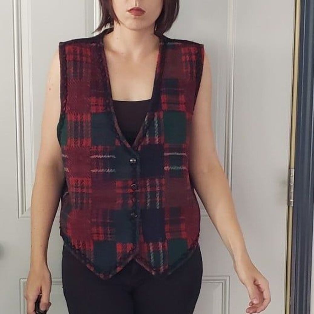 90s Red,‎ Green, and Black Plaid Wool Vest